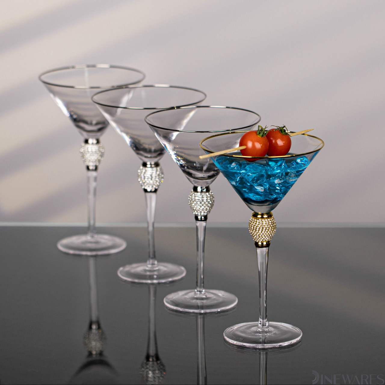 Premium Clear Stem Crystal Martini Glasses with Rim and Diamond-like Rhinestones, Elegant 10oz Glassware Set for Cosmopolitan - Gold - 4 Piece