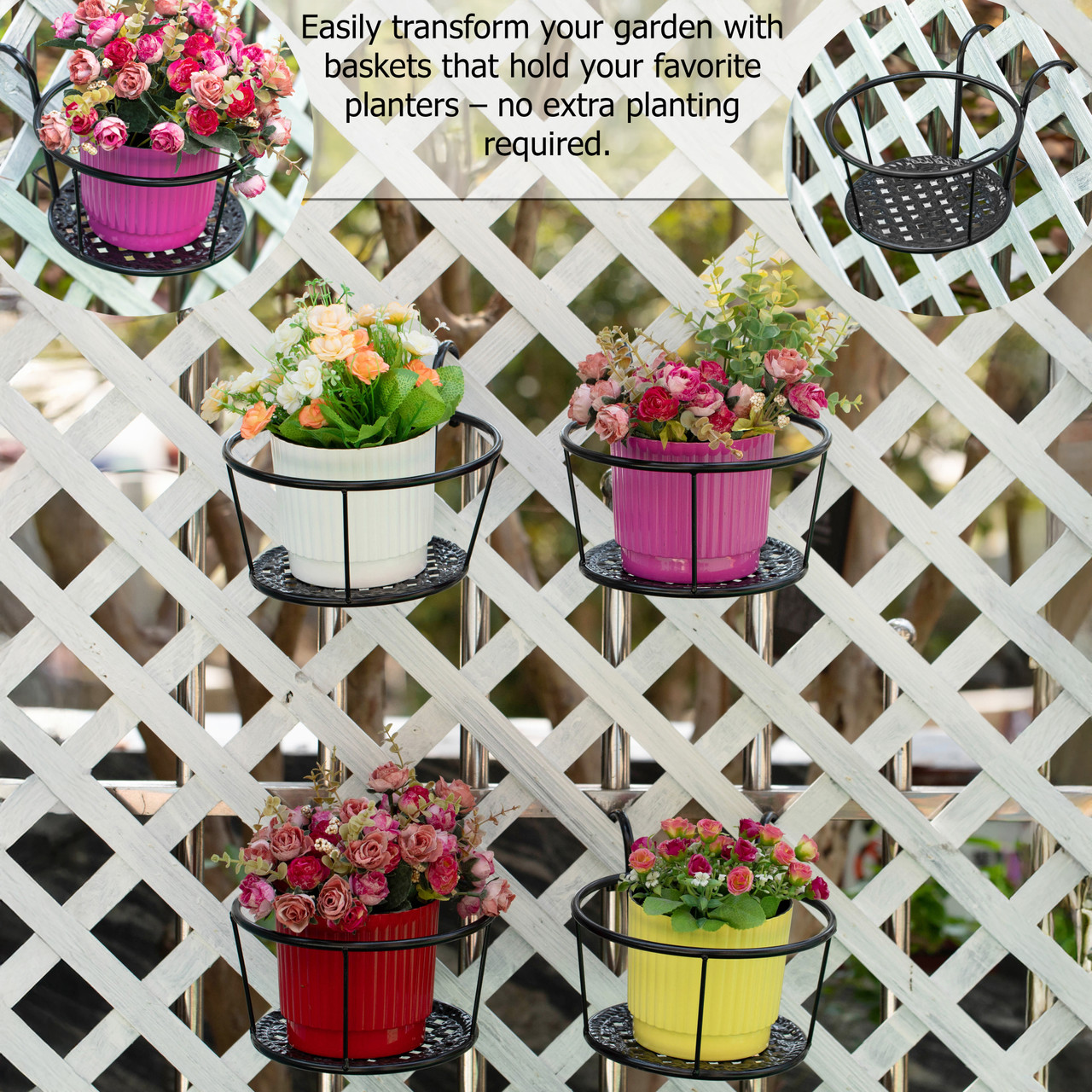Gardenised Set of 4 Decorative Round Iron Hanging Bucket Style Plant Pot  Holders and Flower Baskets