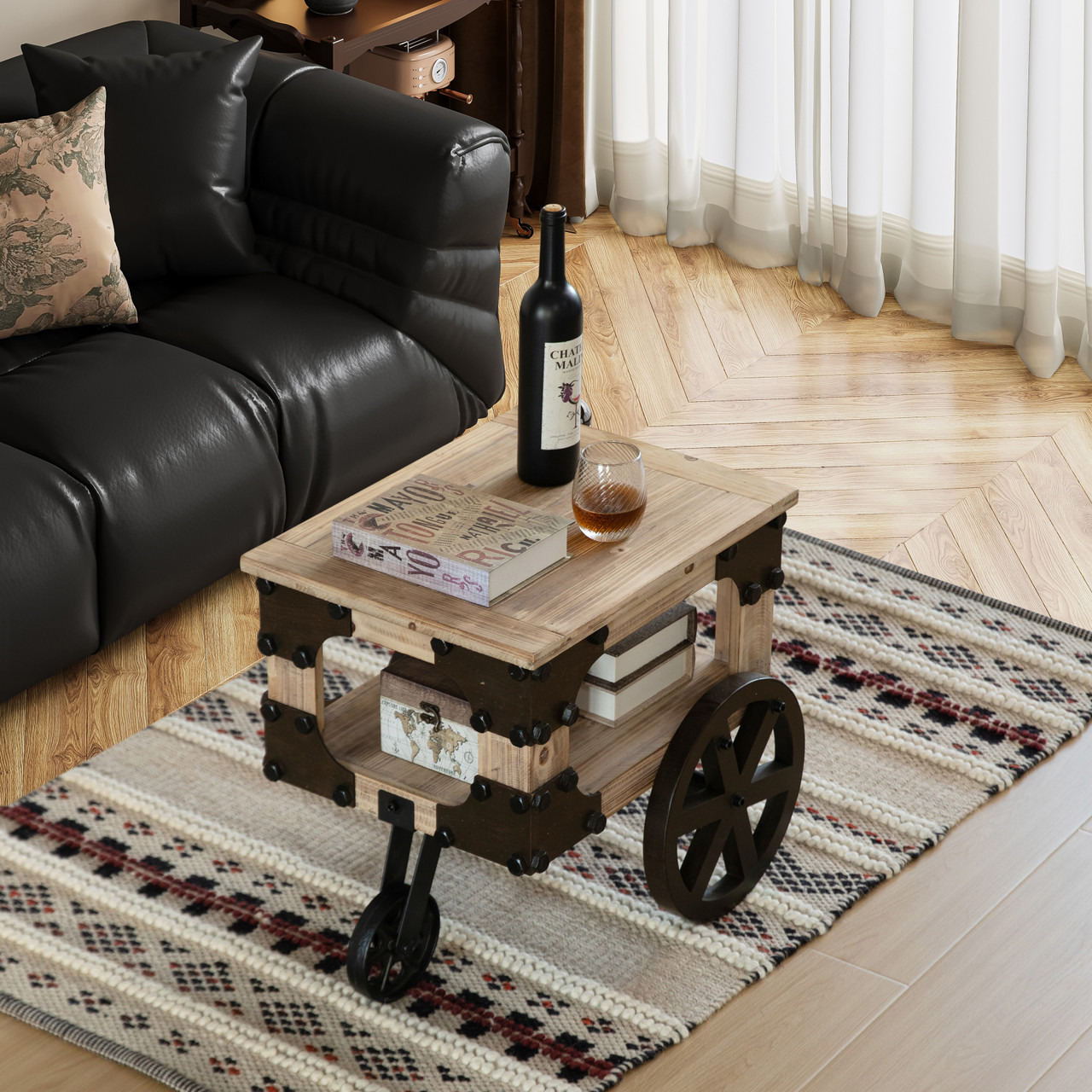 Vintiquewise Farmhouse Wagon-Style End Table with Storage Shelf