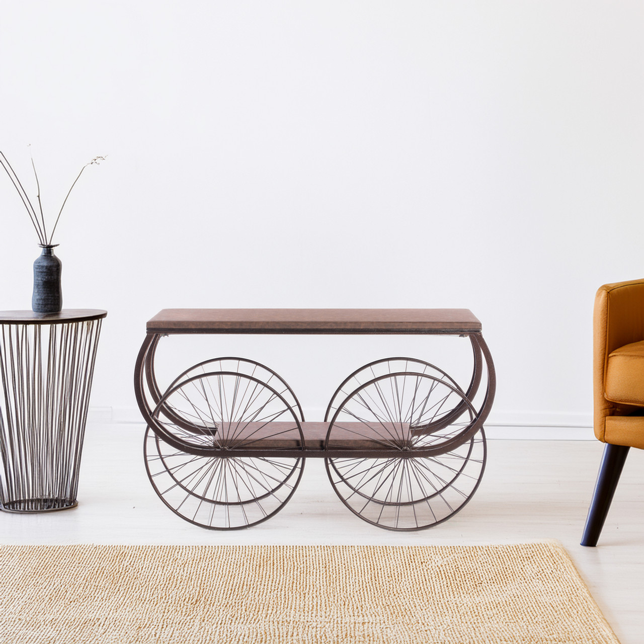 Vintiquewise Industrial Wagon Style Console Table Rustic Wood Top