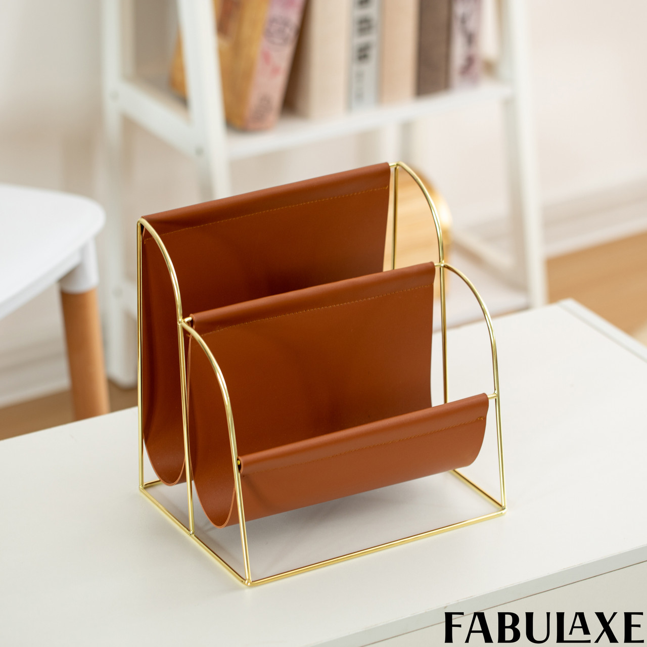 Fabulaxe Gold-Tone Metal Magazine Rack with Brown Faux Leather