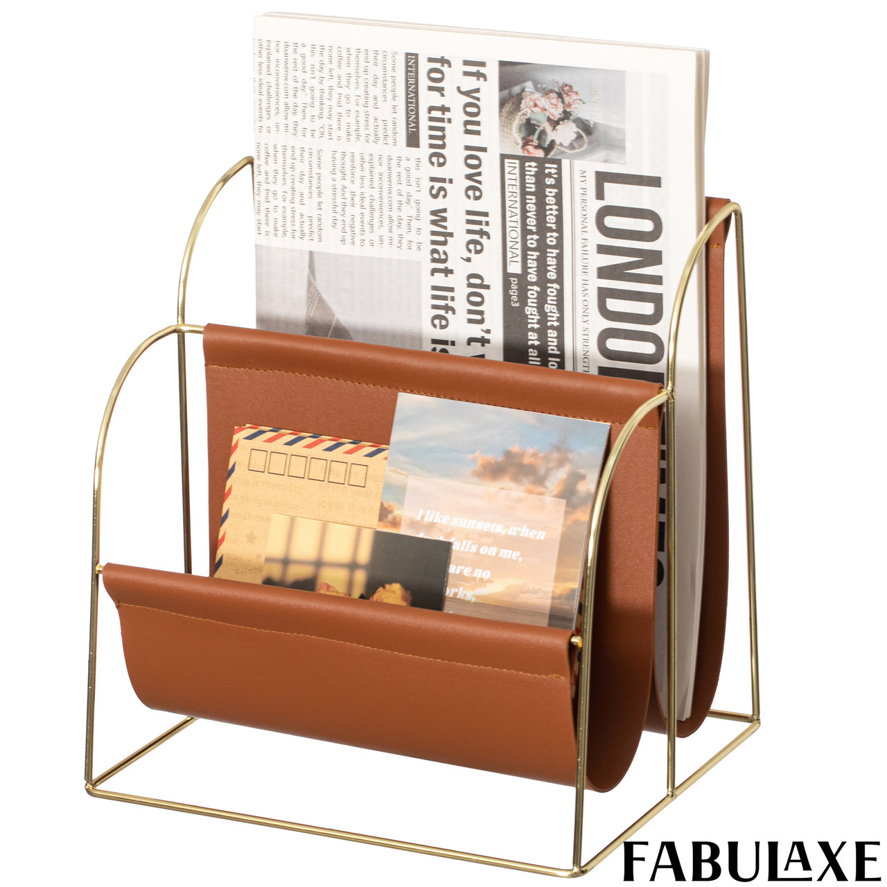 Fabulaxe Gold-Tone Metal Magazine Rack with Brown Faux Leather