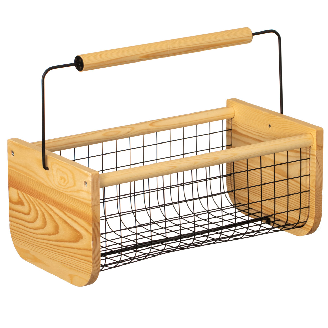 Gardenised Vintage Harvest Basket Pine Wood & Metal Mesh Wire