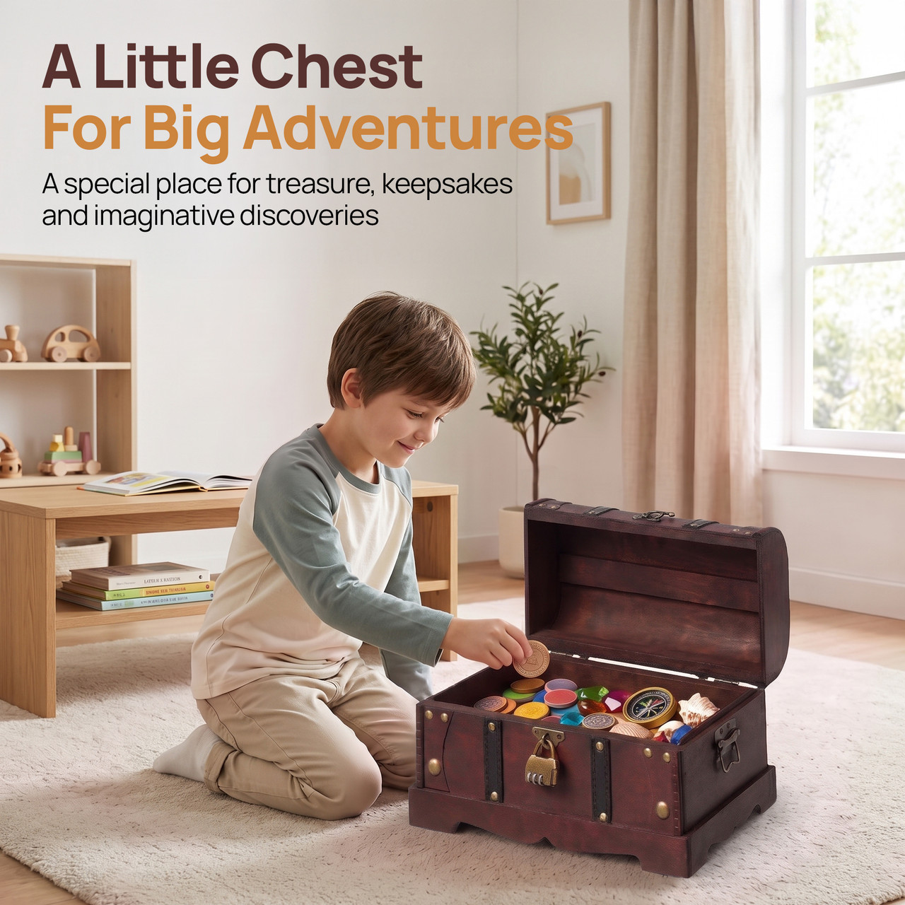 Vintiquewise Vintage Wooden Treasure Chest with Lock for Home