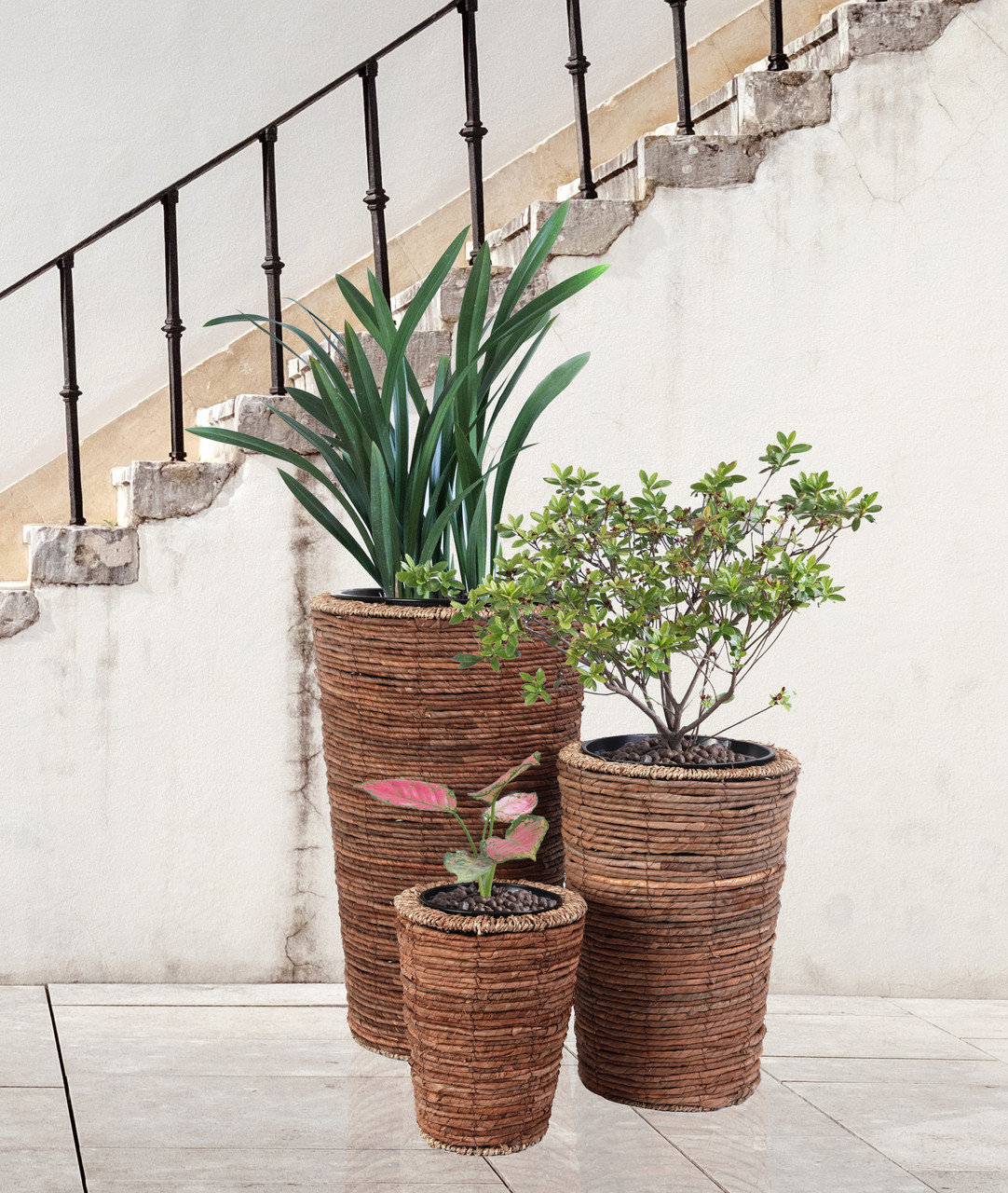 Wicker Banana Rope Tall Floor Planter with Metal Pot - Large