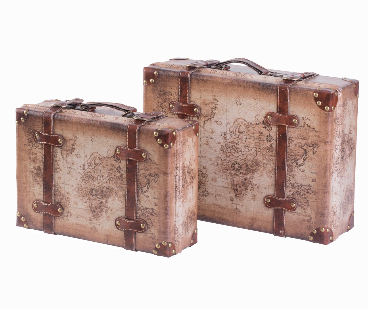 Set of 2 Vintage-Style World Map Leather Suitcase Trunks with Straps and  Handle