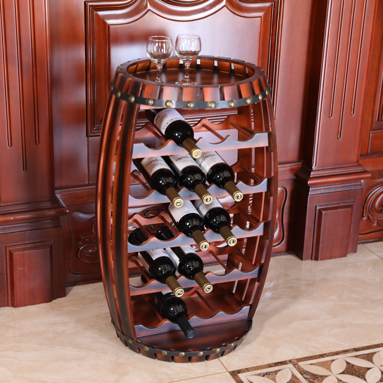 Vintiquewise Rustic Barrel Shaped Wooden Wine Rack - Thumbnail 3