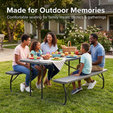 Gray Folding Picnic Table Set with Benches, Woodgrain Plastic Outdoor Dining Table with Steel Frame, Portable Foldable Picnic Bench Table for Patio, Backyard, Camping, Park, Seats 6