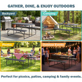Gray Folding Picnic Table Set with Benches, Woodgrain Plastic Outdoor Dining Table with Steel Frame, Portable Foldable Picnic Bench Table for Patio, Backyard, Camping, Park, Seats 6