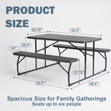 Gray Folding Picnic Table Set with Benches, Woodgrain Plastic Outdoor Dining Table with Steel Frame, Portable Foldable Picnic Bench Table for Patio, Backyard, Camping, Park, Seats 6