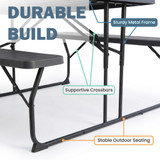 Gray Folding Picnic Table Set with Benches, Woodgrain Plastic Outdoor Dining Table with Steel Frame, Portable Foldable Picnic Bench Table for Patio, Backyard, Camping, Park, Seats 6