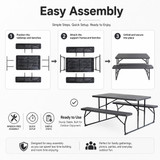 Gray Folding Picnic Table Set with Benches, Woodgrain Plastic Outdoor Dining Table with Steel Frame, Portable Foldable Picnic Bench Table for Patio, Backyard, Camping, Park, Seats 6