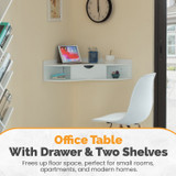 Basicwise Wall Mounted Folding Desk with Drawer & Shelves - Fold Down Table for Small Spaces, Home Office, Bedroom, Laundry - 33x23.5 in, Modern Floating Workspace, Space-Saving Design