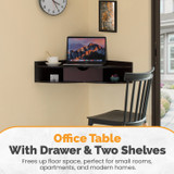 Basicwise Wall Mounted Folding Desk with Drawer & Shelves - Fold Down Table for Small Spaces, Home Office, Bedroom, Laundry - 33x23.5 in, Modern Floating Workspace, Space-Saving Design