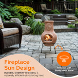 Beige Outdoor Clay Chiminea Outdoor Fireplace Sun Design Charcoal Burning Fire Pit with Sturdy Metal Stand, Barbecue, Cocktail Party, Family Gathering, Cozy Nights Fire Pit