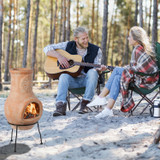 Beige Outdoor Clay Chiminea Outdoor Fireplace Sun Design Charcoal Burning Fire Pit with Sturdy Metal Stand, Barbecue, Cocktail Party, Family Gathering, Cozy Nights Fire Pit