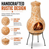 Outdoor Clay Chiminea Fireplace Sun Design Wood Burning Fire Pit with Sturdy Metal Stand, Barbecue, Cocktail Party, Cozy Nights Fire Pit