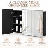 Basicwise 3-Door Aluminum Bathroom Medicine Cabinet, Round Corner Framed Door - Versatile Recessed Medicine Cabinet or Surface Mount, Mirrored Door Cabinet with Adjustable Glass Shelves, Matte Black