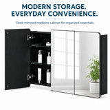 Basicwise 3-Door Aluminum Bathroom Medicine Cabinet, Round Corner Framed Door - Versatile Recessed Medicine Cabinet or Surface Mount, Mirrored Door Cabinet with Adjustable Glass Shelves, Matte Black