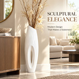 Modern White Ceramic Floor Vase, Sculptural Design, Available in 2 Sizes, Tall Decorative Vase with Open Center Design, Glossy White Contemporary Statement Décor for Living Room & Entryway