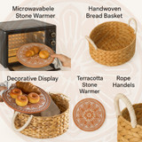Vintiquewise Handwoven Wicker Bread Basket with Terracotta Stone Warmer & Rope Handles for Kitchen Dining Table & Home Party Use Ideal for Sourdough Bread Rolls Snacks & Baked Goods