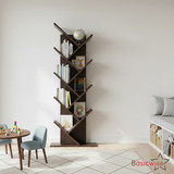 Basicwise Modern 9-Tier Wooden Tree Bookshelf for Home and Office Freestanding Vertical Book Storage Rack Zigzag Design Space-Saving Floor Standing Bookcase for Living Room Bedroom or Study