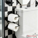 Basicwise Over-the-Side Tank Double Toilet Paper Holder Compact Modern Bathroom Organizer Practical Storage Rack for Extra Rolls Offering Quick & Easy Access for Everyday Use Neat Space Accent, Black