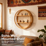 Vintiquewise Round Bamboo Wall Shelf with 2 Wooden Tiers – Natural Hanging Wall Decor and Floating Display Rack Accent for Modern Home Office Living Room Bedroom and Kitchen