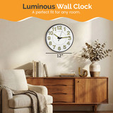 Clockswise Round Wall Clock Glow-in-the-Dark Luminous Green Numbers & Hands Easy-Read Analog Timepiece for Bedroom Living Room Office Kitchen Study Patio Hallway or Nighttime Visibility Display