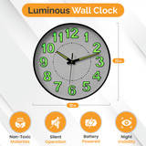 Clockswise Round Wall Clock Glow-in-the-Dark Luminous Green Numbers & Hands Easy-Read Analog Timepiece for Bedroom Living Room Office Kitchen Study Patio Hallway or Nighttime Visibility Display