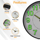 Clockswise Round Wall Clock Glow-in-the-Dark Luminous Green Numbers & Hands Easy-Read Analog Timepiece for Bedroom Living Room Office Kitchen Study Patio Hallway or Nighttime Visibility Display
