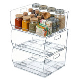 Basicwise Set of 3 Open-Front Clear Storage Bins with Easy-Grip Handles Stackable Transparent Plastic Organizer Container for Pantry Cabinet Refrigerator Drawers Closets & Shelf Organization