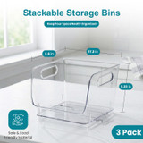 Basicwise Set of 3 Open-Front Clear Storage Bins with Easy-Grip Handles Stackable Transparent Plastic Organizer Container for Pantry Cabinet Refrigerator Drawers Closets & Shelf Organization