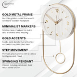 Clockswise 16-Inch Decorative Wall Clock Step Movement Mechanism Metal Frame Wooden Dial and Pendulum Design Battery-Operated Timepiece for Living Room Hallway or Office Décor