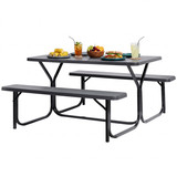 Gray Outdoor Picnic Table Set with Benches, Woodgrain Plastic Patio Table with Sturdy Metal Frame, Weather-Resistant Backyard Picnic Bench Table for Any Outdoor Space, Seats 6