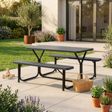 Gray Outdoor Picnic Table Set with Benches, Woodgrain Plastic Patio Table with Sturdy Metal Frame, Weather-Resistant Backyard Picnic Bench Table for Any Outdoor Space, Seats 6