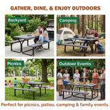 Gray Outdoor Picnic Table Set with Benches, Woodgrain Plastic Patio Table with Sturdy Metal Frame, Weather-Resistant Backyard Picnic Bench Table for Any Outdoor Space, Seats 6