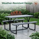 Gray Outdoor Picnic Table Set with Benches, Woodgrain Plastic Patio Table with Sturdy Metal Frame, Weather-Resistant Backyard Picnic Bench Table for Any Outdoor Space, Seats 6