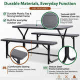 Gray Outdoor Picnic Table Set with Benches, Woodgrain Plastic Patio Table with Sturdy Metal Frame, Weather-Resistant Backyard Picnic Bench Table for Any Outdoor Space, Seats 6