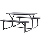 Gray Outdoor Picnic Table Set with Benches, Woodgrain Plastic Patio Table with Sturdy Metal Frame, Weather-Resistant Backyard Picnic Bench Table for Any Outdoor Space, Seats 6