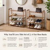 Basicwise Bamboo Shoe Rack with Open Shelves Set of 2 Natural Footwear Organizer & Shoe Stand for Entryway Bedroom Closet Hallway and Small Space Organization Freestanding Floor Storage