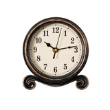 Clockswise Vintage Round Tabletop Clock with Distressed Frame, Ornate Scroll Base & Antique-Inspired Design for Mantel, Counter and Shelf Display in Living Rooms, Bedrooms, and Offices