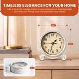 Clockswise Vintage Round Tabletop Clock with Distressed Frame, Ornate Scroll Base & Antique-Inspired Design for Mantel, Counter and Shelf Display in Living Rooms, Bedrooms, and Offices