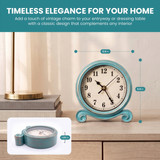 Clockswise Vintage Round Tabletop Clock with Distressed Frame, Ornate Scroll Base & Antique-Inspired Design for Mantel, Counter and Shelf Display in Living Rooms, Bedrooms, and Offices