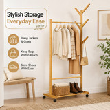 Basicwise Bamboo Garment Rack with Hanging Rod, Hooks & Bottom Shoe Shelf