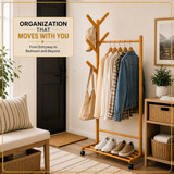 Basicwise Bamboo Garment Rack with Hanging Rod, Hooks & Bottom Shoe Shelf