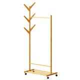 Basicwise Bamboo Garment Rack with Hanging Rod, Hooks & Bottom Shoe Shelf