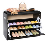 Basicwise Shoe Storage Bench with Leather Cushion – Classic Black Wooden Entryway, Fold-Out Hidden Double Shoe Rack, Easy Assembly, Comfortable Seat, Mudroom & Foyer Organizer