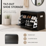 Basicwise Shoe Storage Bench with Leather Cushion – Classic Black Wooden Entryway, Fold-Out Hidden Double Shoe Rack, Easy Assembly, Comfortable Seat, Mudroom & Foyer Organizer