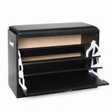 Basicwise Shoe Storage Bench with Leather Cushion – Classic Black Wooden Entryway, Fold-Out Hidden Double Shoe Rack, Easy Assembly, Comfortable Seat, Mudroom & Foyer Organizer